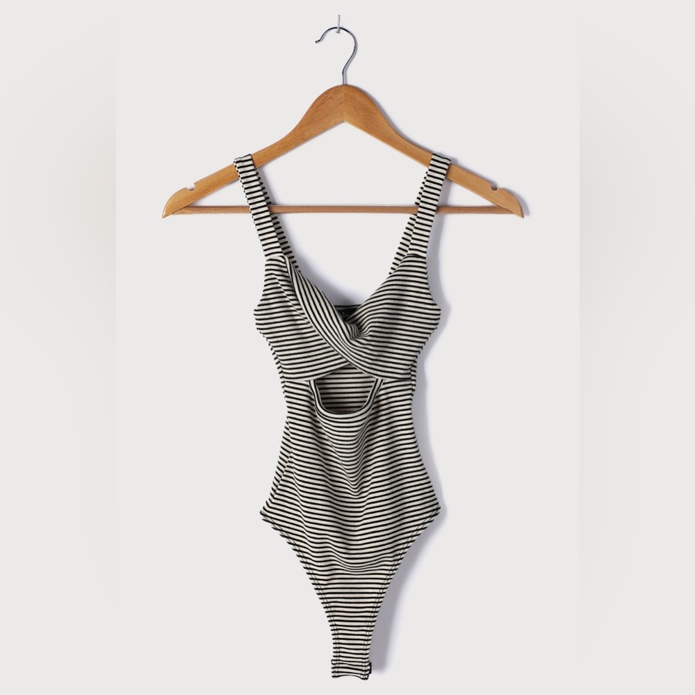 Lulu’s Twist Me Black and White Striped Cutout Sleeveless Bodysuit